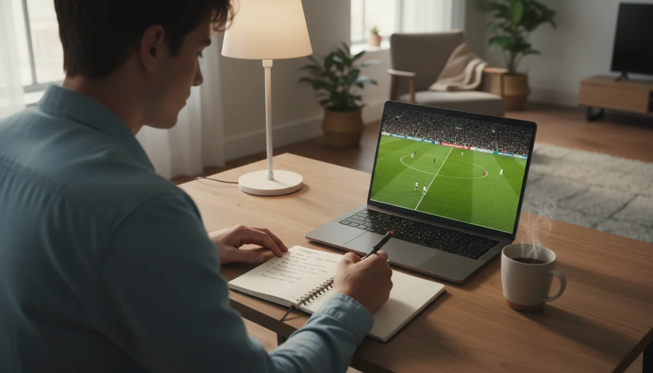 Persoon bekijkt voetbalwedstrijd op laptop met notitieblok voor wedanalyse