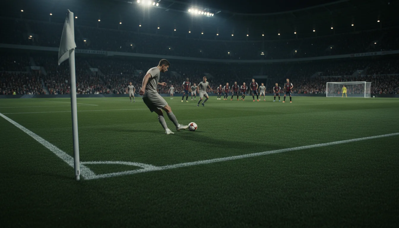 Corners live wedden - voetballer neemt hoekschop in verlicht stadion