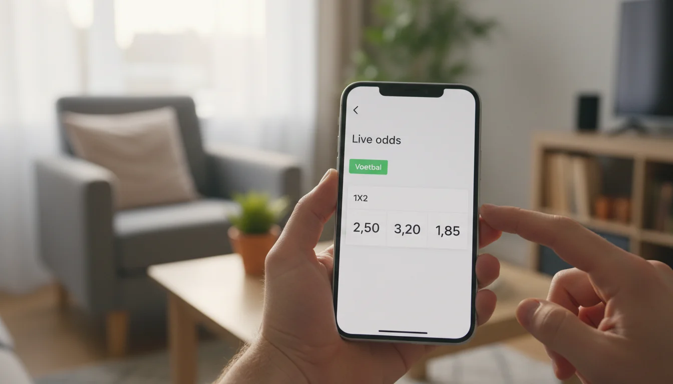 Hand houdt smartphone vast met live voetbal odds en quoteringen op het scherm