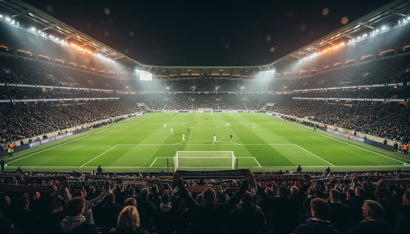 Voetbalstadion met verlichte groene grasmat en fans op de tribunes tijdens een avondwedstrijd