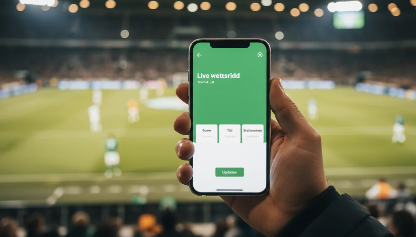 Live wedden app - hand houdt smartphone tijdens voetbalwedstrijd in stadion