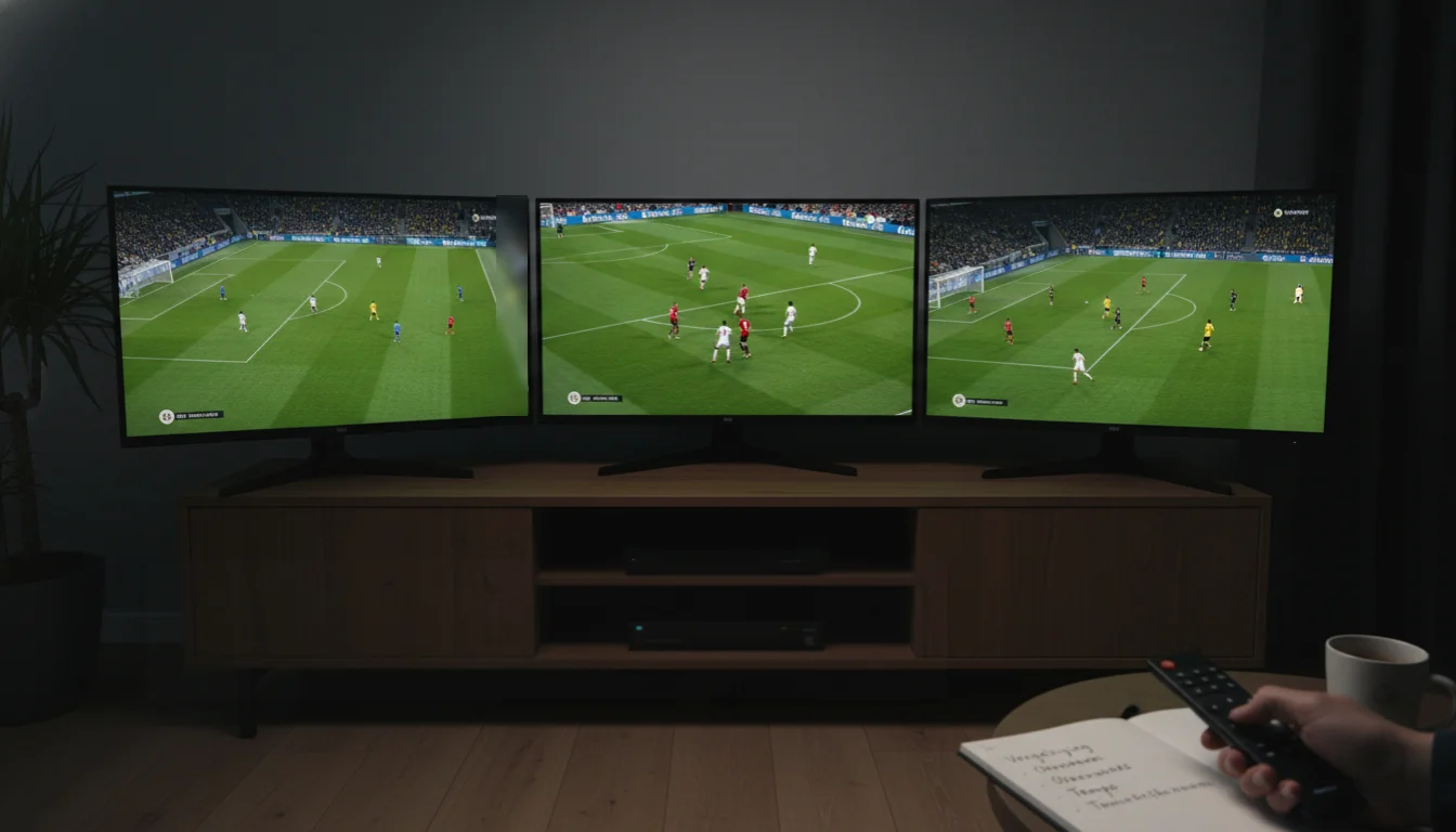 Odds vergelijken - meerdere schermen met voetbalwedstrijden en quoteringen