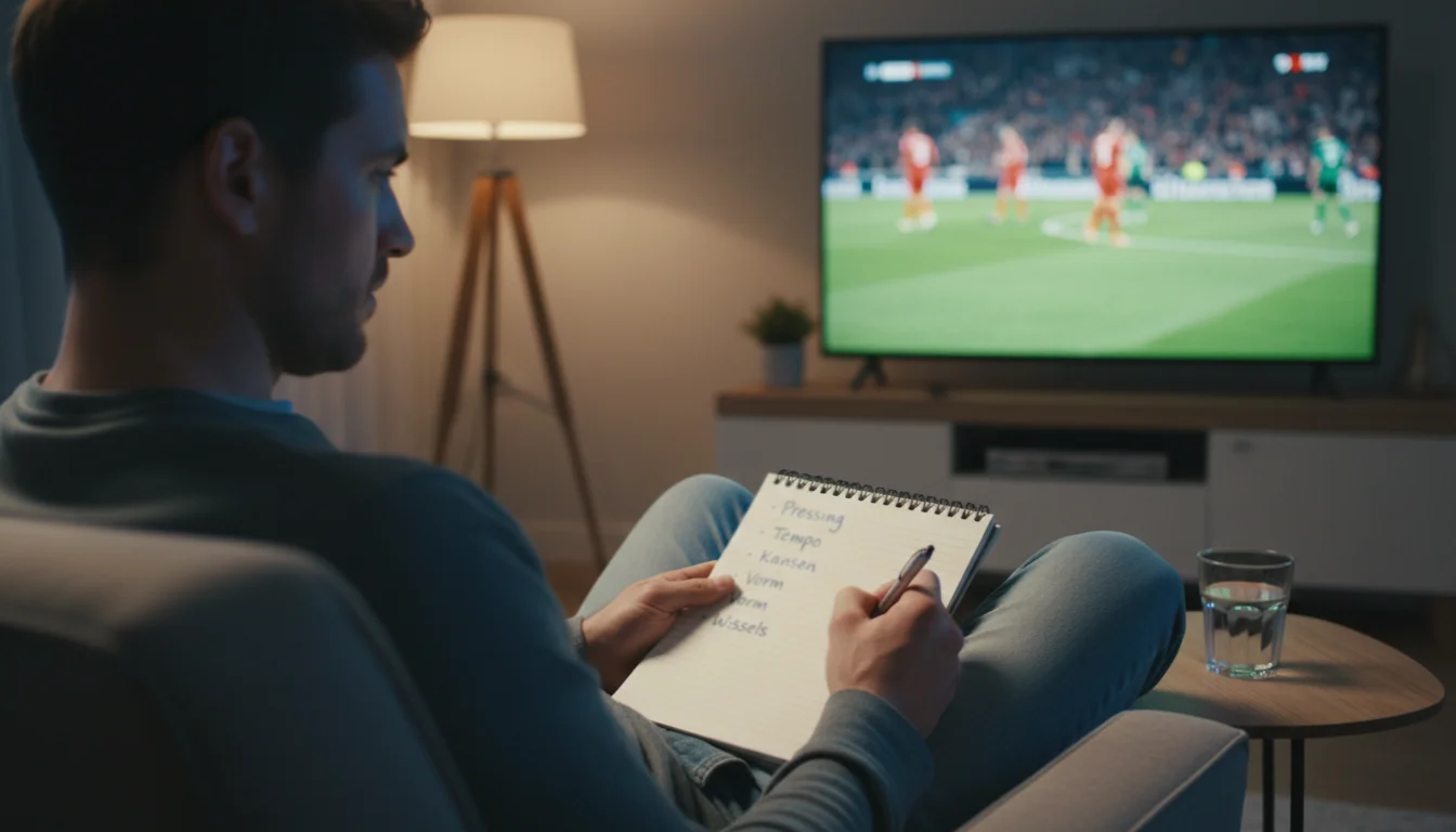 Value bets vinden - man analyseert voetbalwedstrijd met aantekeningen