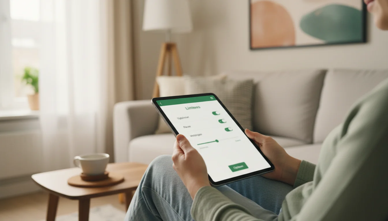 Persoon stelt speellimieten in op tablet met kop koffie naast zich