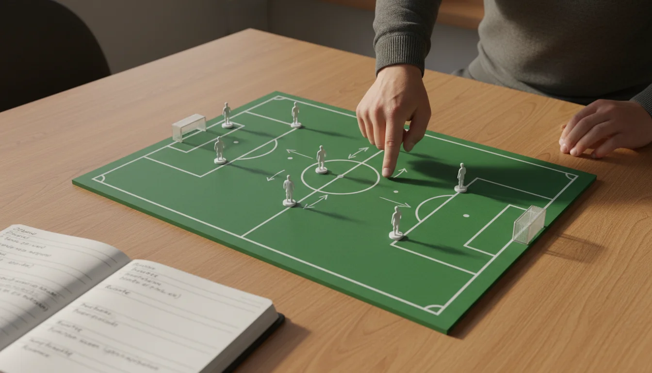 Tactiekbord met voetbal formatie en aantekeningen voor wedstrijdanalyse