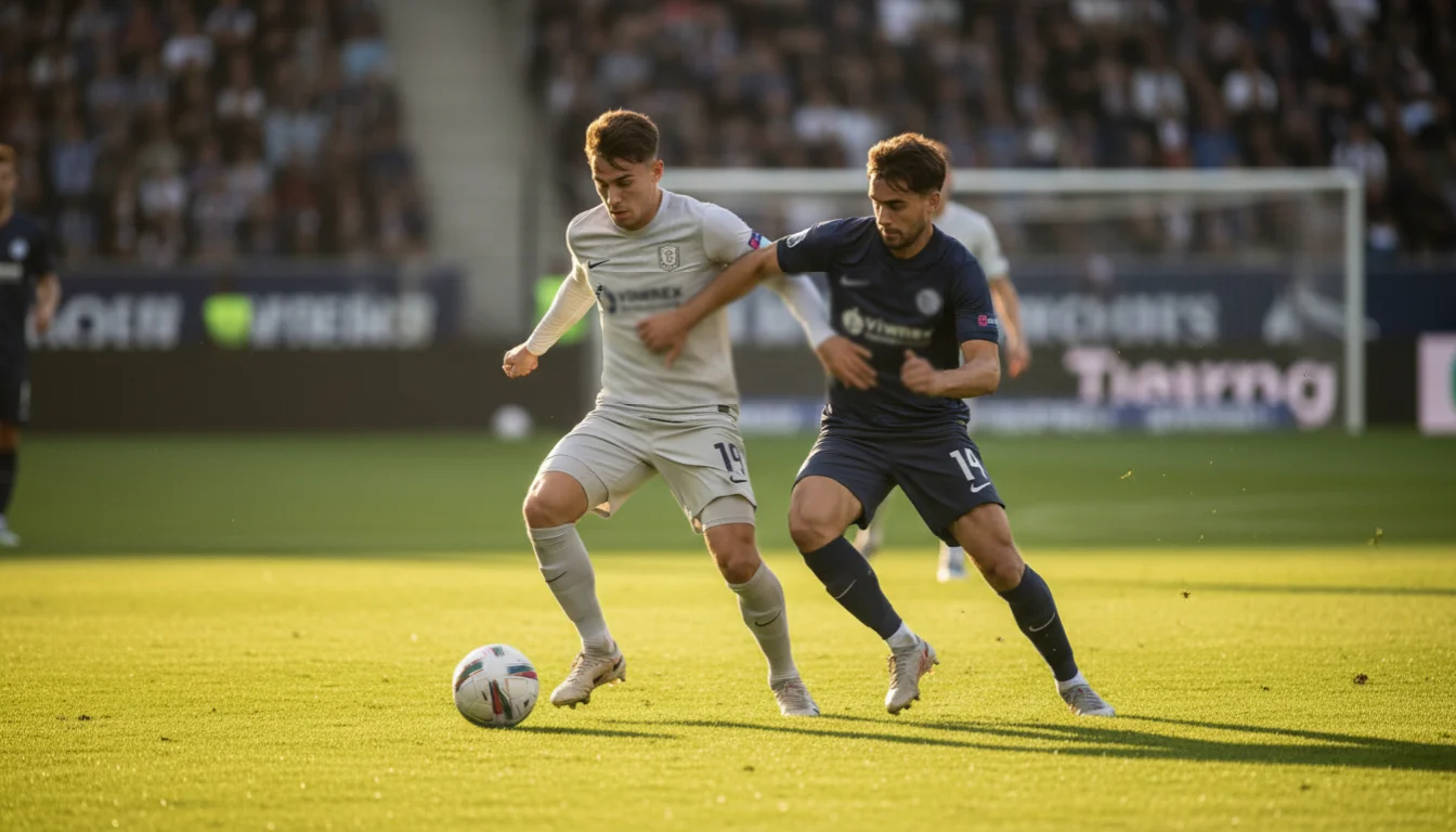 Voetballers in actie tijdens een Eredivisie wedstrijd op groen kunstgras met tribunes op de achtergrond